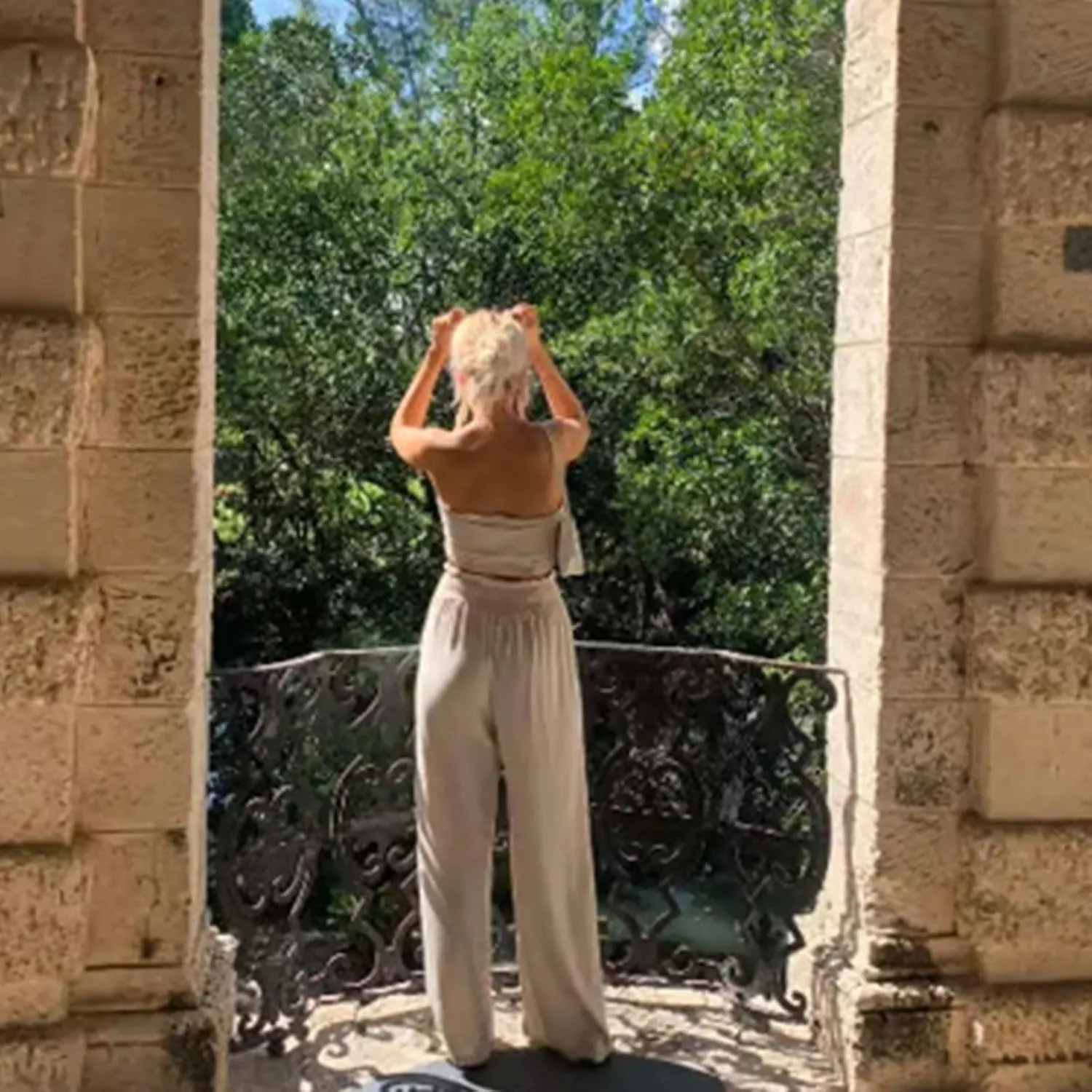 Linen Blend High Rise Smocked Pants, Summer Waisted Cotton Wide Leg Casual Sweat Boho Pants for Women