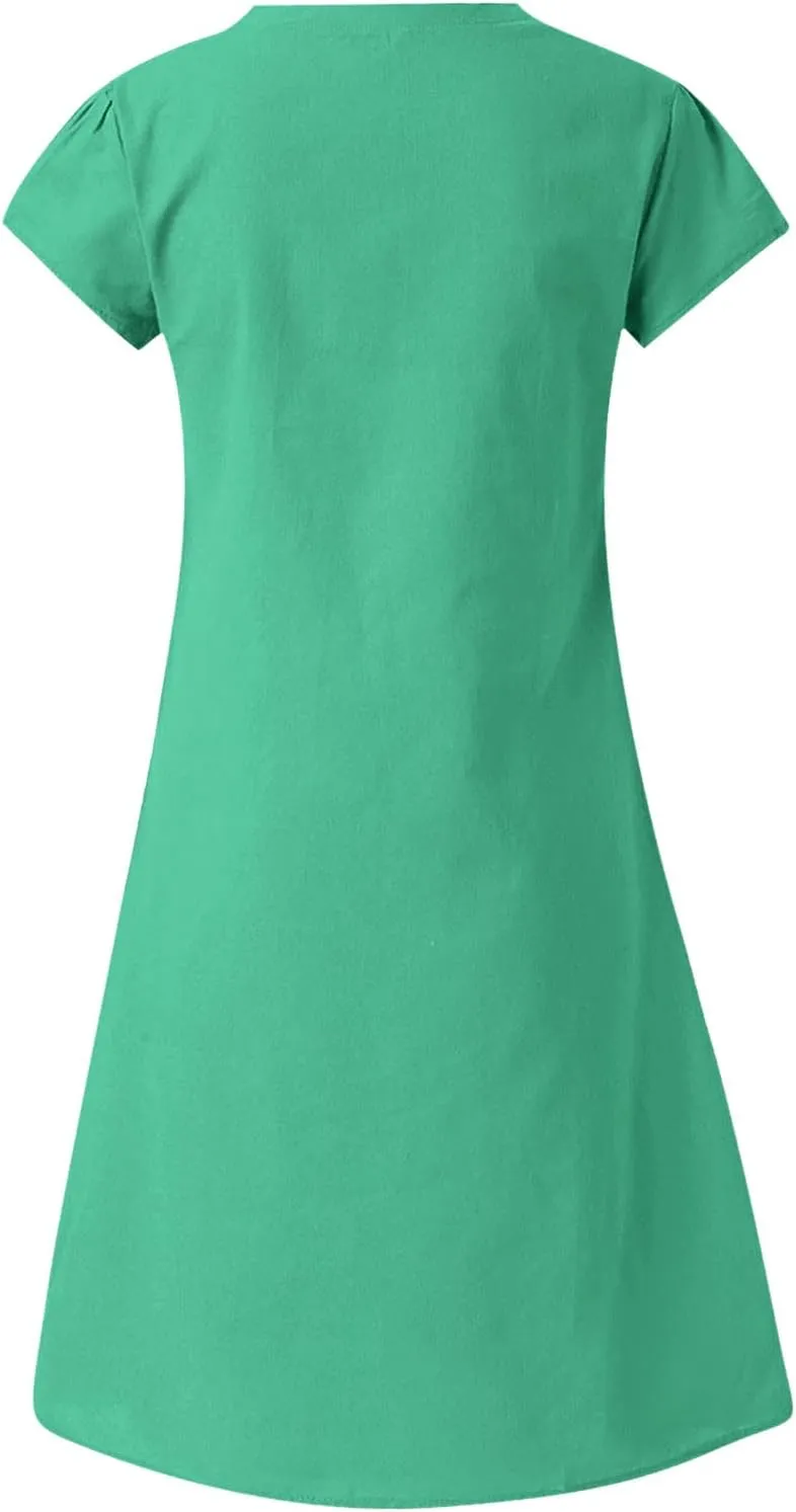 Linen Dresses for Women 2025 Summer Casual V-Neck A Line Dress Trendy Cap Sleeve Sun Dresses Vacation Beach Clothing
