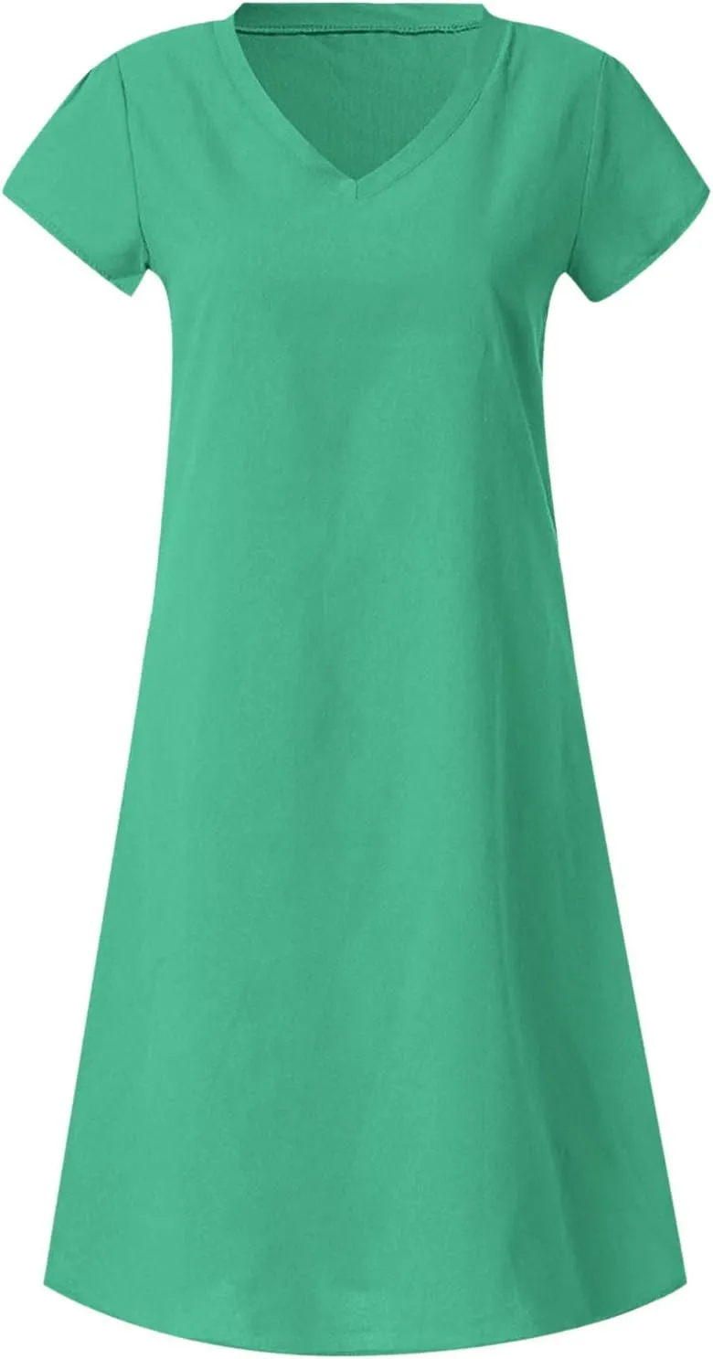 Linen Dresses for Women 2025 Summer Casual V-Neck A Line Dress Trendy Cap Sleeve Sun Dresses Vacation Beach Clothing