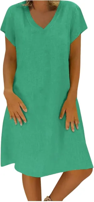 Linen Dresses for Women 2025 Summer Casual V-Neck A Line Dress Trendy Cap Sleeve Sun Dresses Vacation Beach Clothing