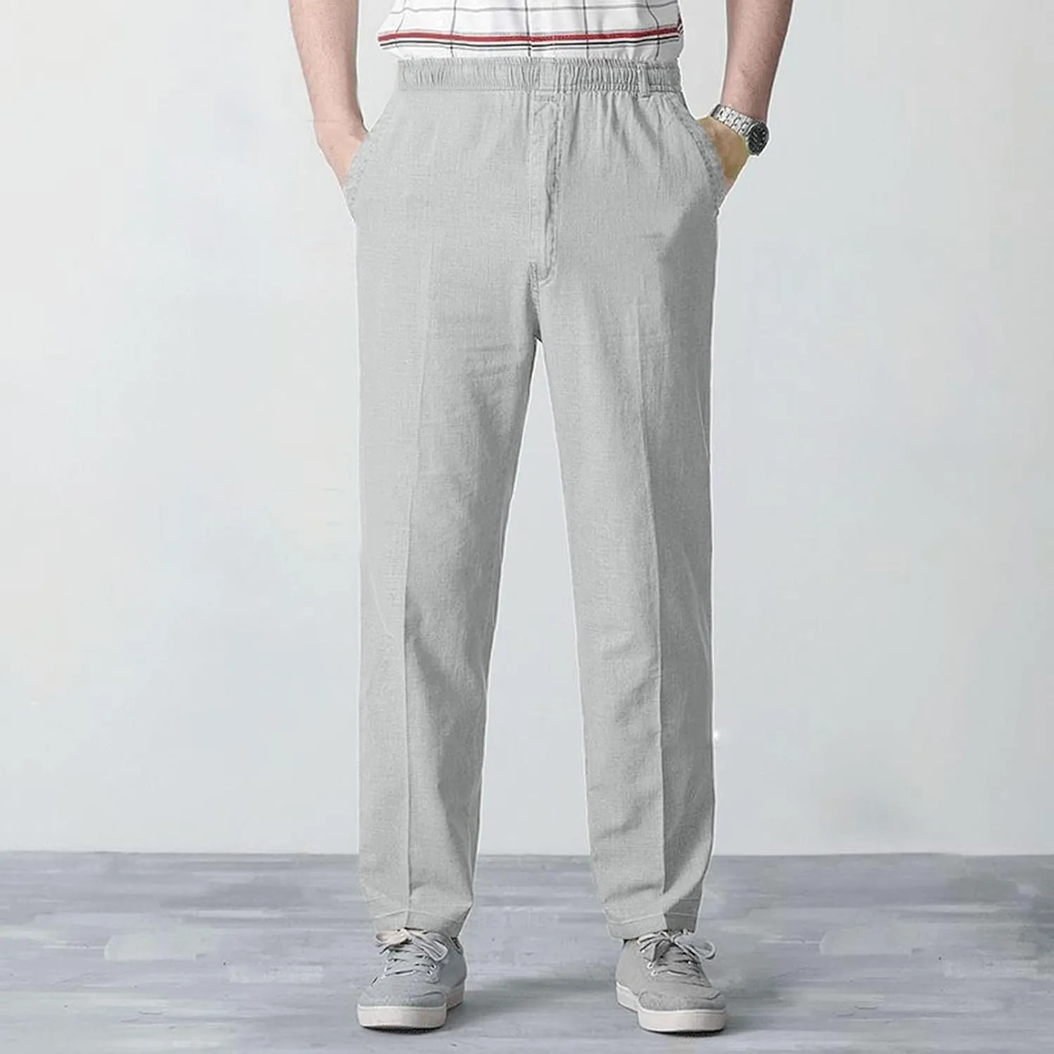 Linen Pants Men Big and Tall Elastic Waist Straight Wide Leg Baggy Trousers Plus Size Lightweight Slim Fit Casual Pants