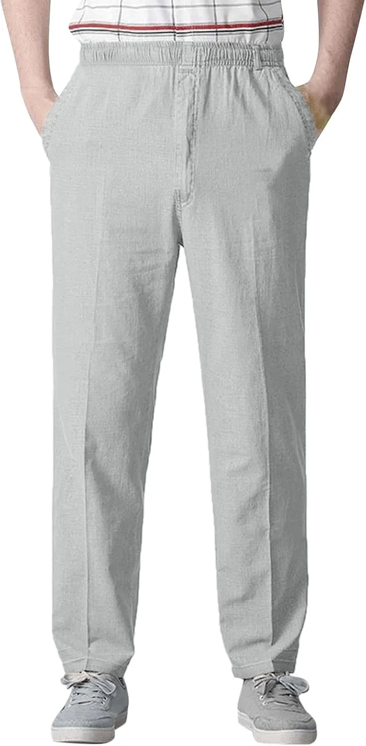 Linen Pants Men Big and Tall Elastic Waist Straight Wide Leg Baggy Trousers Plus Size Lightweight Slim Fit Casual Pants