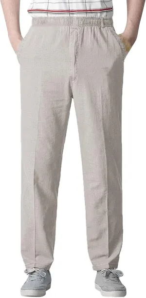 Linen Pants Men Big and Tall Elastic Waist Straight Wide Leg Baggy Trousers Plus Size Lightweight Slim Fit Casual Pants