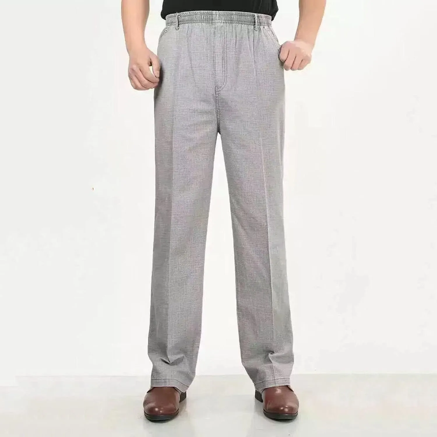 Linen Pants Men Big and Tall Elastic Waist Straight Wide Leg Baggy Trousers Plus Size Lightweight Slim Fit Casual Pants