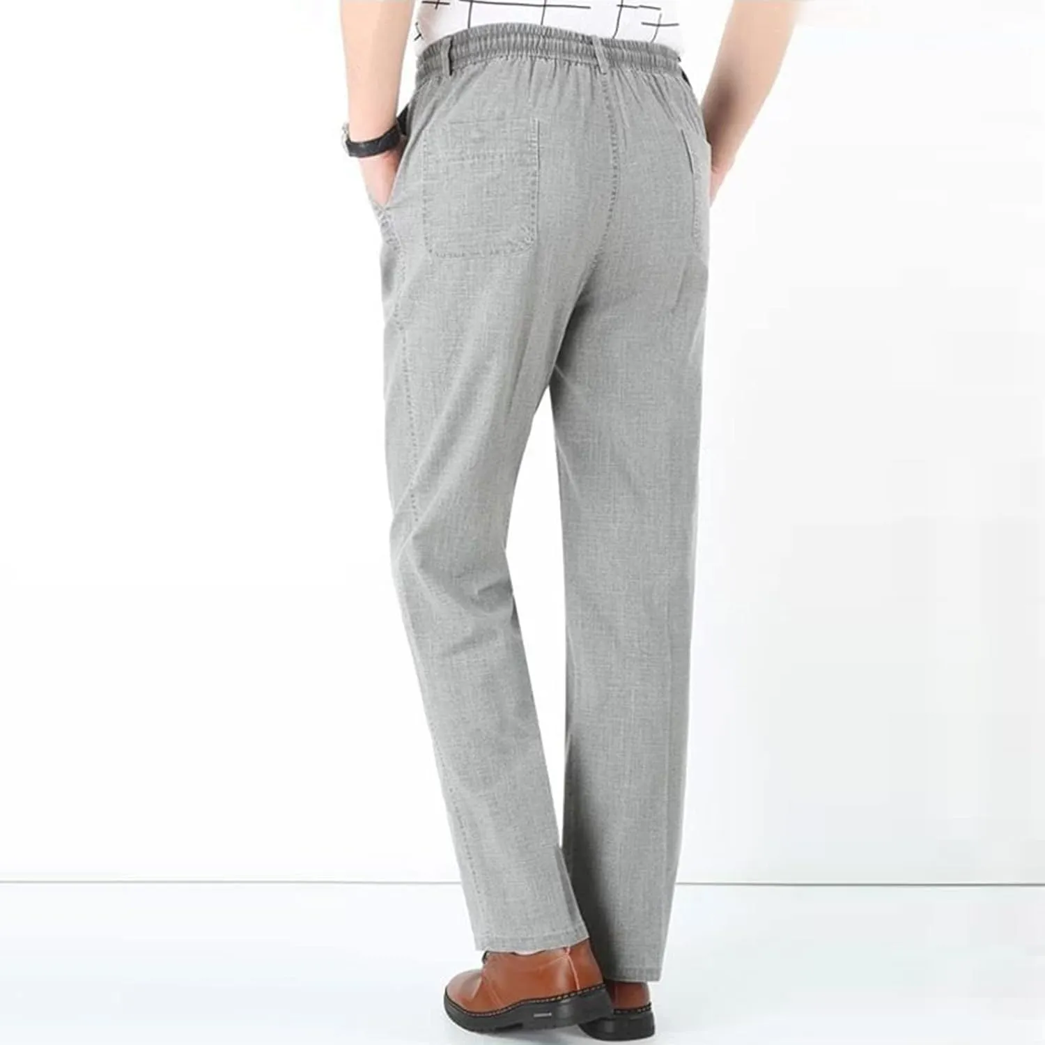 Linen Pants Men Big and Tall Elastic Waist Straight Wide Leg Baggy Trousers Plus Size Lightweight Slim Fit Casual Pants