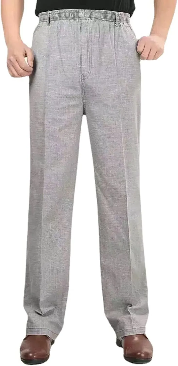 Linen Pants Men Big and Tall Elastic Waist Straight Wide Leg Baggy Trousers Plus Size Lightweight Slim Fit Casual Pants
