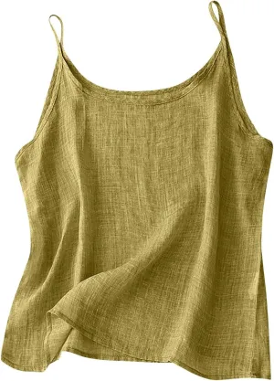 Linen Tank Top for Women Summer Spaghetti Strap Tank Tops Sleeveless Cotton Tshirt Loose Fit Camisole Tops 2025
