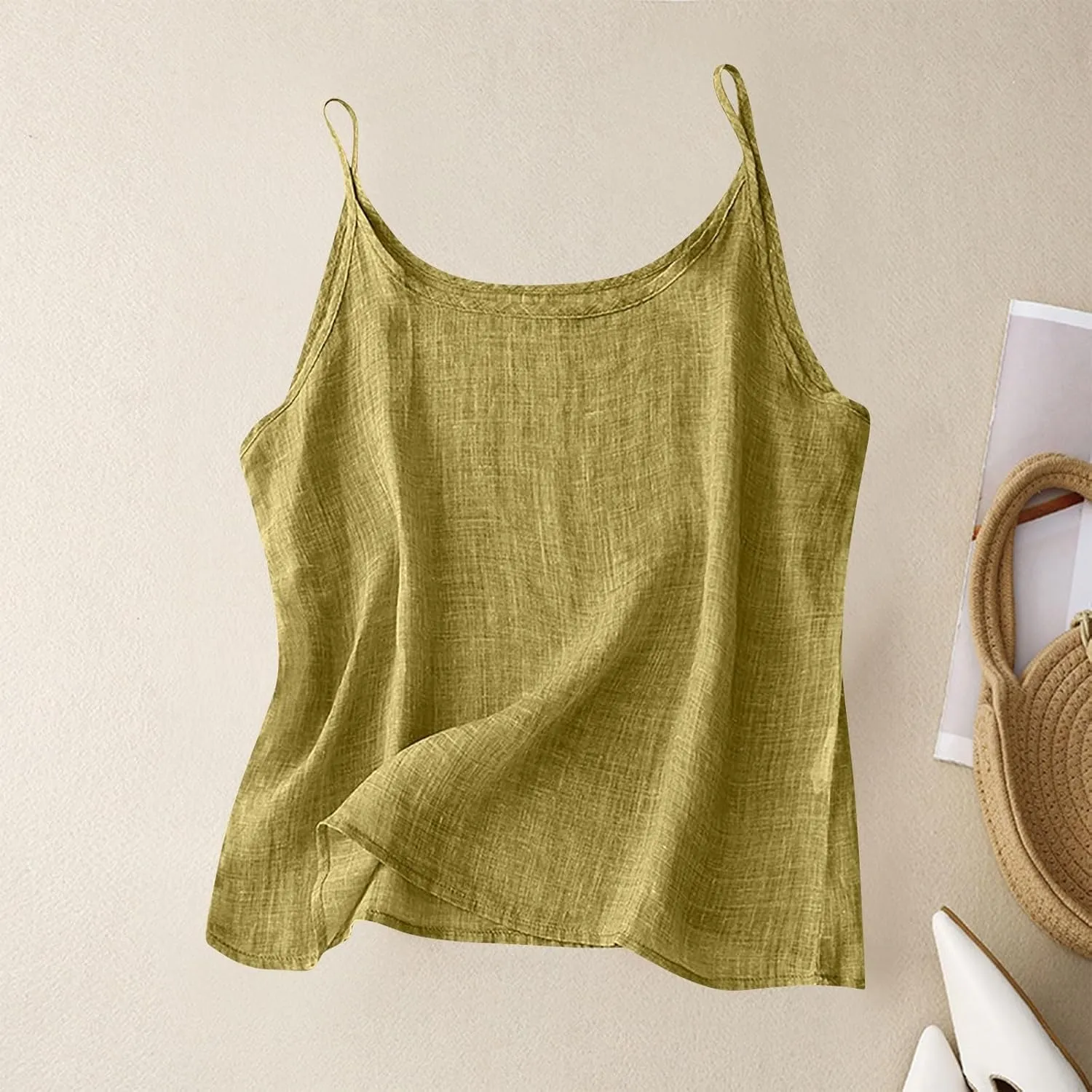 Linen Tank Top for Women Summer Spaghetti Strap Tank Tops Sleeveless Cotton Tshirt Loose Fit Camisole Tops 2025