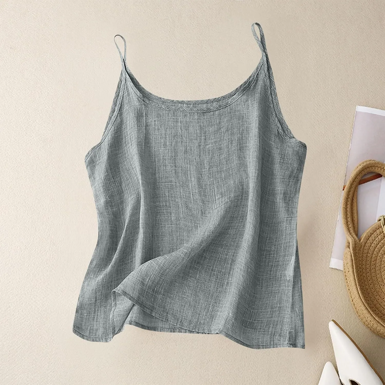 Linen Tank Top for Women Summer Spaghetti Strap Tank Tops Sleeveless Cotton Tshirt Loose Fit Camisole Tops 2025
