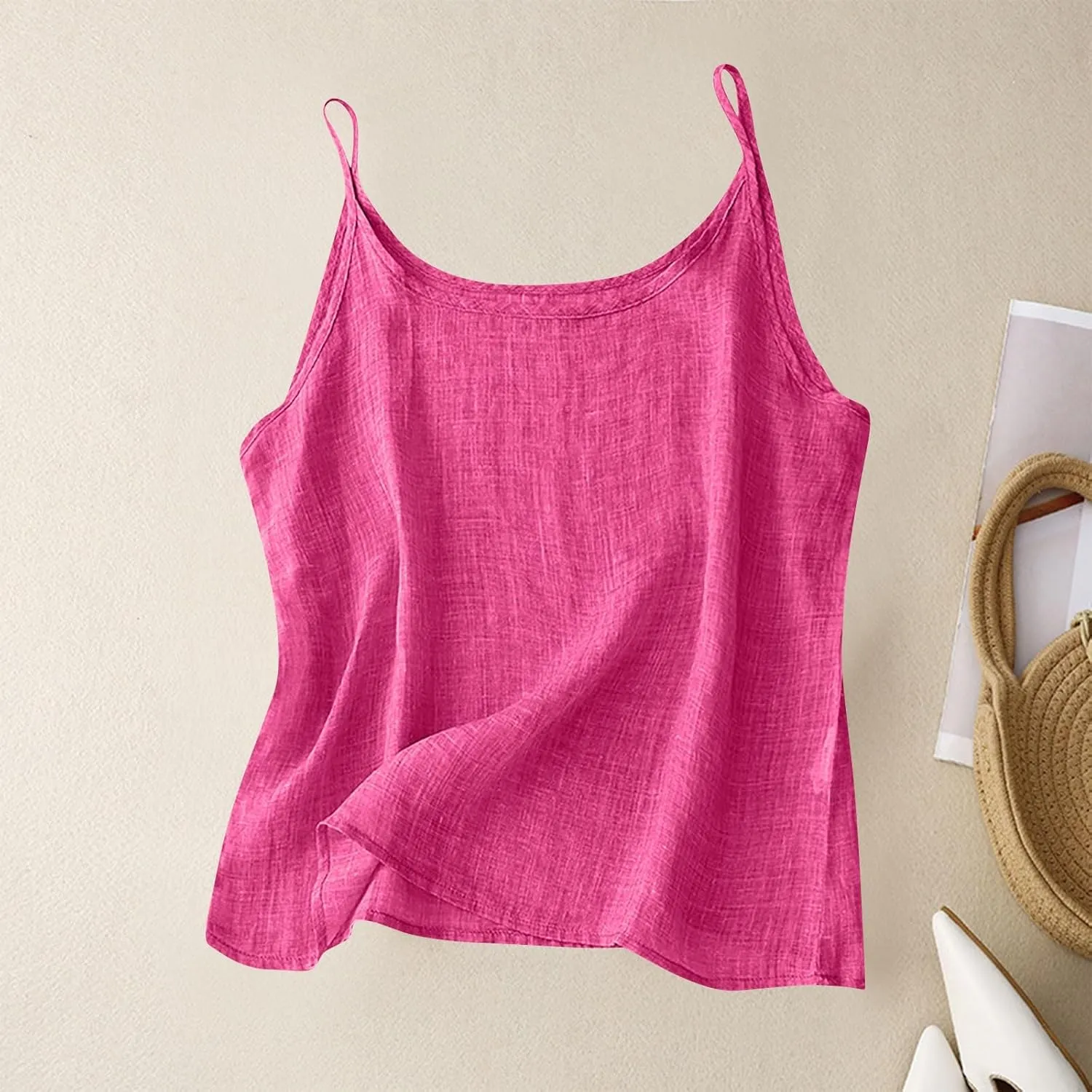 Linen Tank Top for Women Summer Spaghetti Strap Tank Tops Sleeveless Cotton Tshirt Loose Fit Camisole Tops 2025