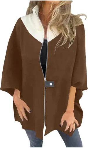 Lmdudan Women's Zip Up Wool Blend Coats Plus Size Color Block Stand Collar Side Slit Trench Coat Casual Long Sleeve Cardigan