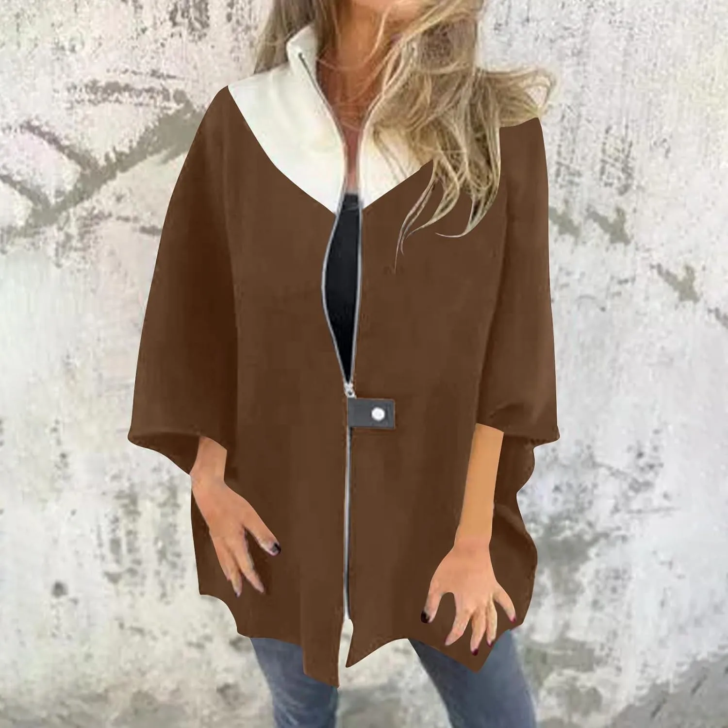 Lmdudan Women's Zip Up Wool Blend Coats Plus Size Color Block Stand Collar Side Slit Trench Coat Casual Long Sleeve Cardigan