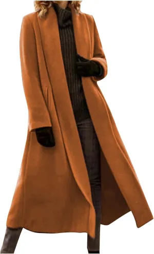 Lmdudan Wool Blend Coat for Women Elegant Shawl Collar Open Front Coats Formal Work Mid Long Winter Pea Coat Outwear Tops