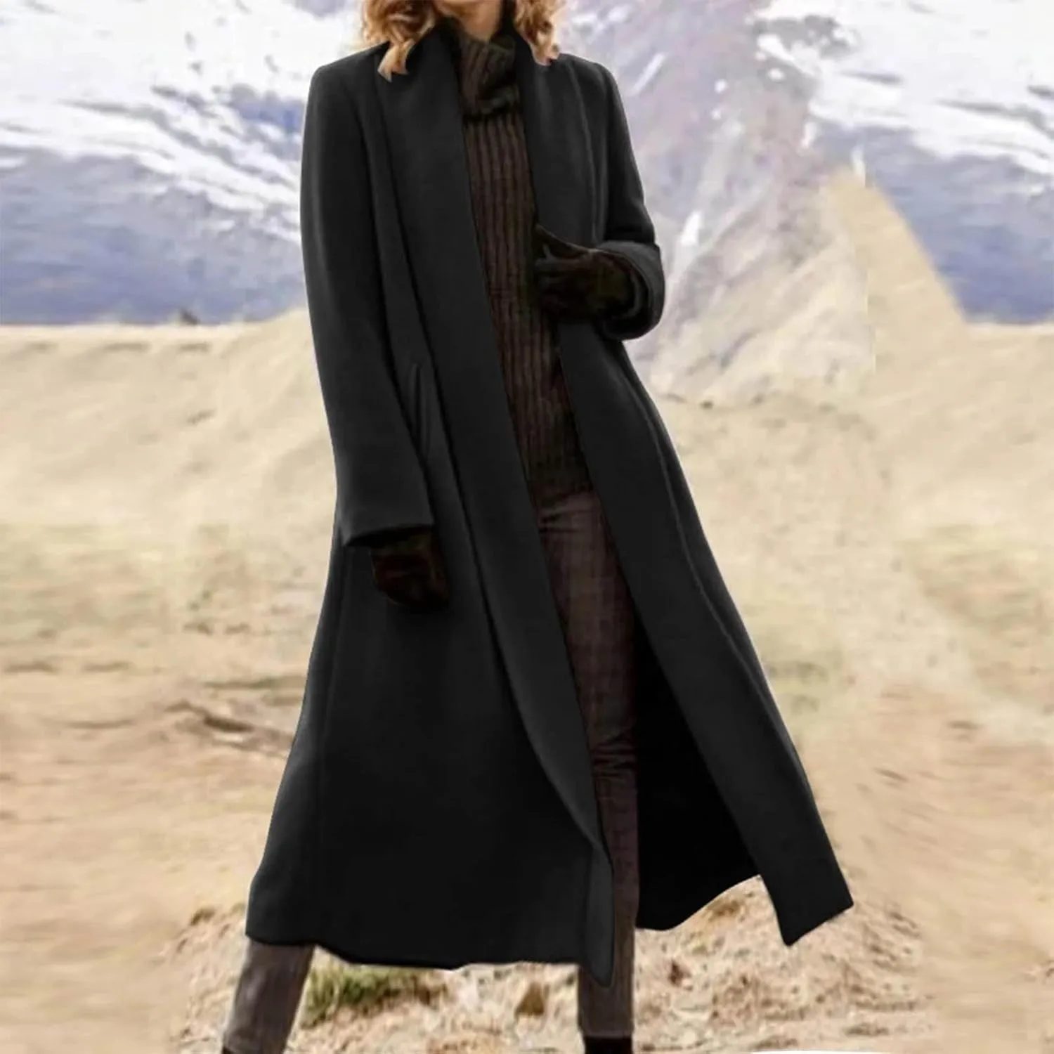 Lmdudan Wool Blend Coat for Women Elegant Shawl Collar Open Front Coats Formal Work Mid Long Winter Pea Coat Outwear Tops