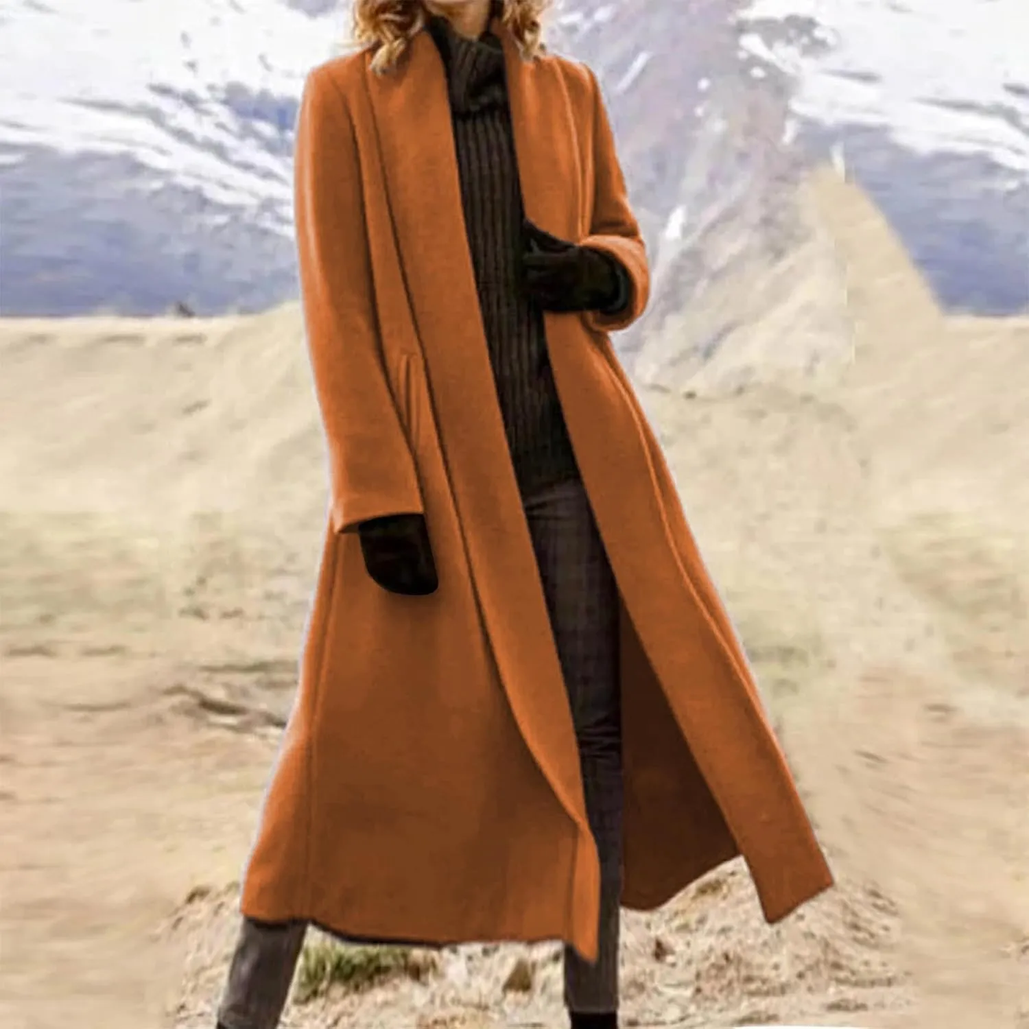 Lmdudan Wool Blend Coat for Women Elegant Shawl Collar Open Front Coats Formal Work Mid Long Winter Pea Coat Outwear Tops