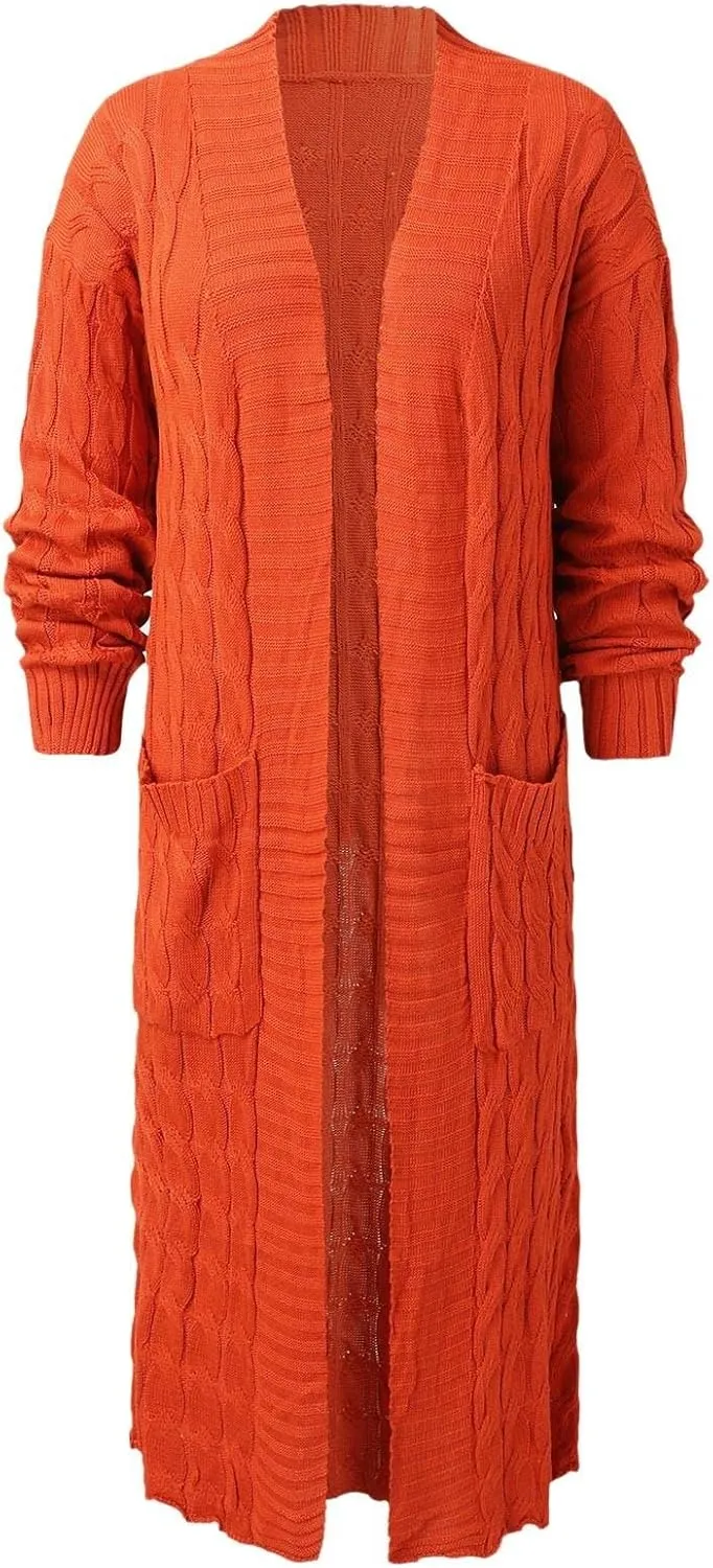 Long Cardigan for Women Long Sleeve Cable Knit Loose Plain Fall Winter Trench Coat with Pocket Ankle Length Warm Trendy