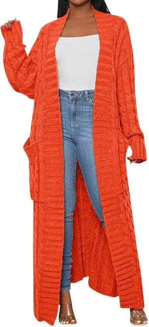 Long Cardigan for Women Long Sleeve Cable Knit Loose Plain Fall Winter Trench Coat with Pocket Ankle Length Warm Trendy