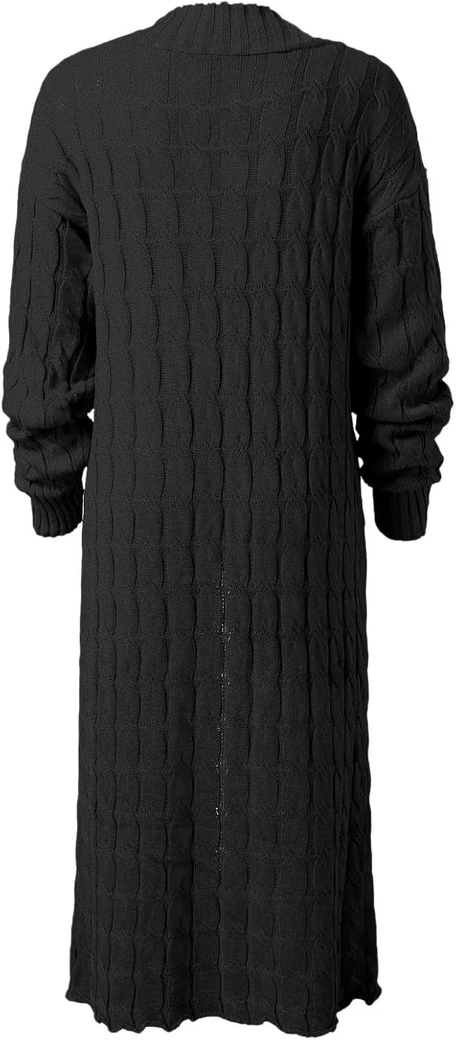 Long Cardigan for Women Long Sleeve Cable Knit Loose Plain Fall Winter Trench Coat with Pocket Ankle Length Warm Trendy