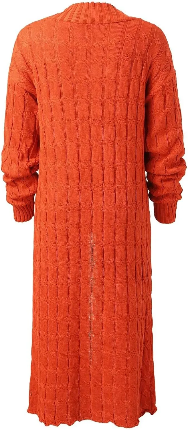 Long Cardigan for Women Long Sleeve Cable Knit Loose Plain Fall Winter Trench Coat with Pocket Ankle Length Warm Trendy