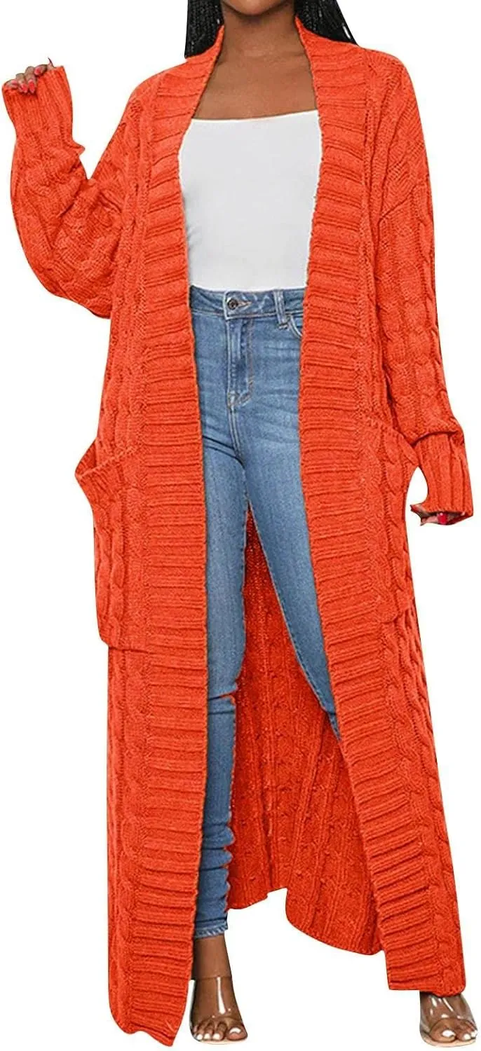 Long Cardigan for Women Long Sleeve Cable Knit Loose Plain Fall Winter Trench Coat with Pocket Ankle Length Warm Trendy