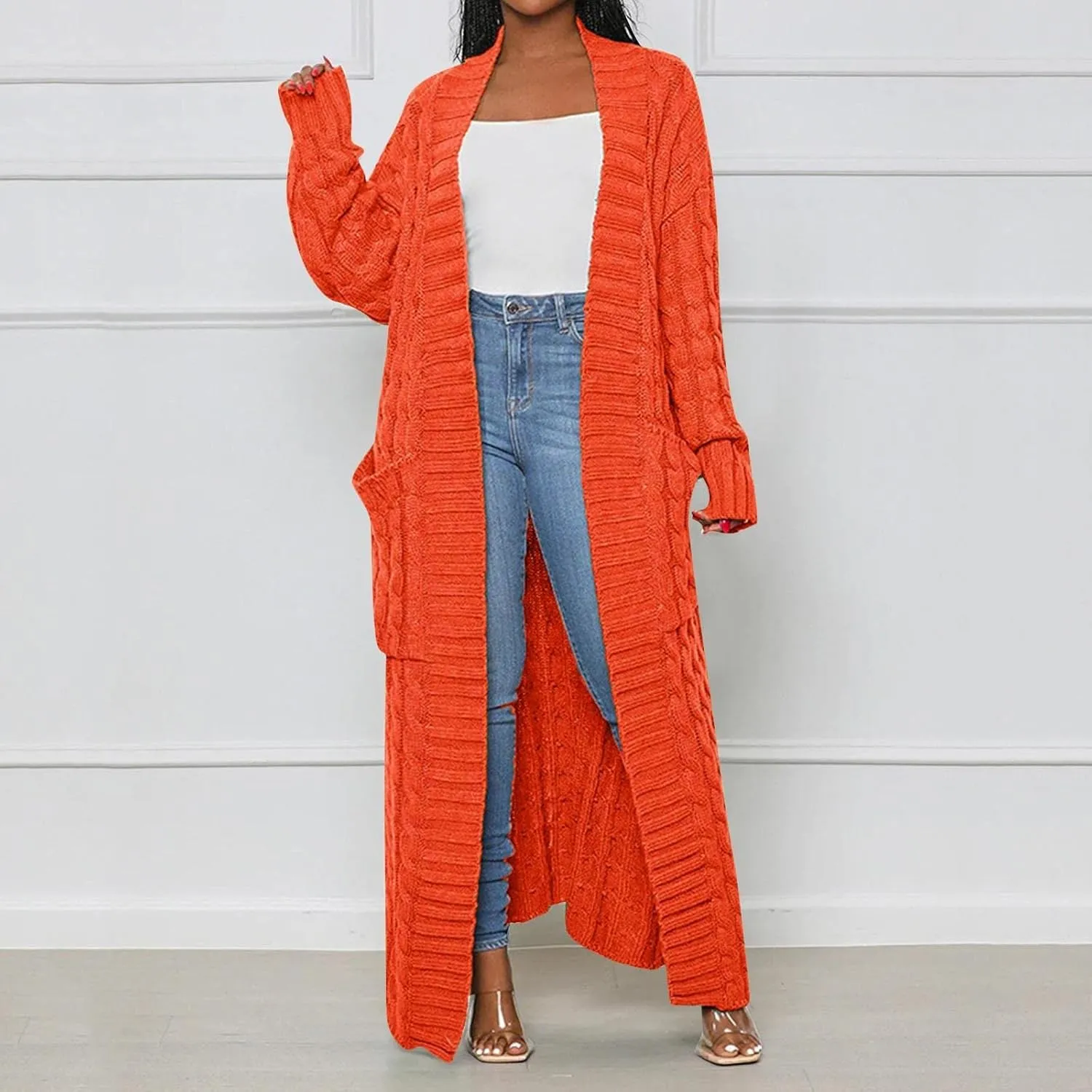 Long Cardigan for Women Long Sleeve Cable Knit Loose Plain Fall Winter Trench Coat with Pocket Ankle Length Warm Trendy