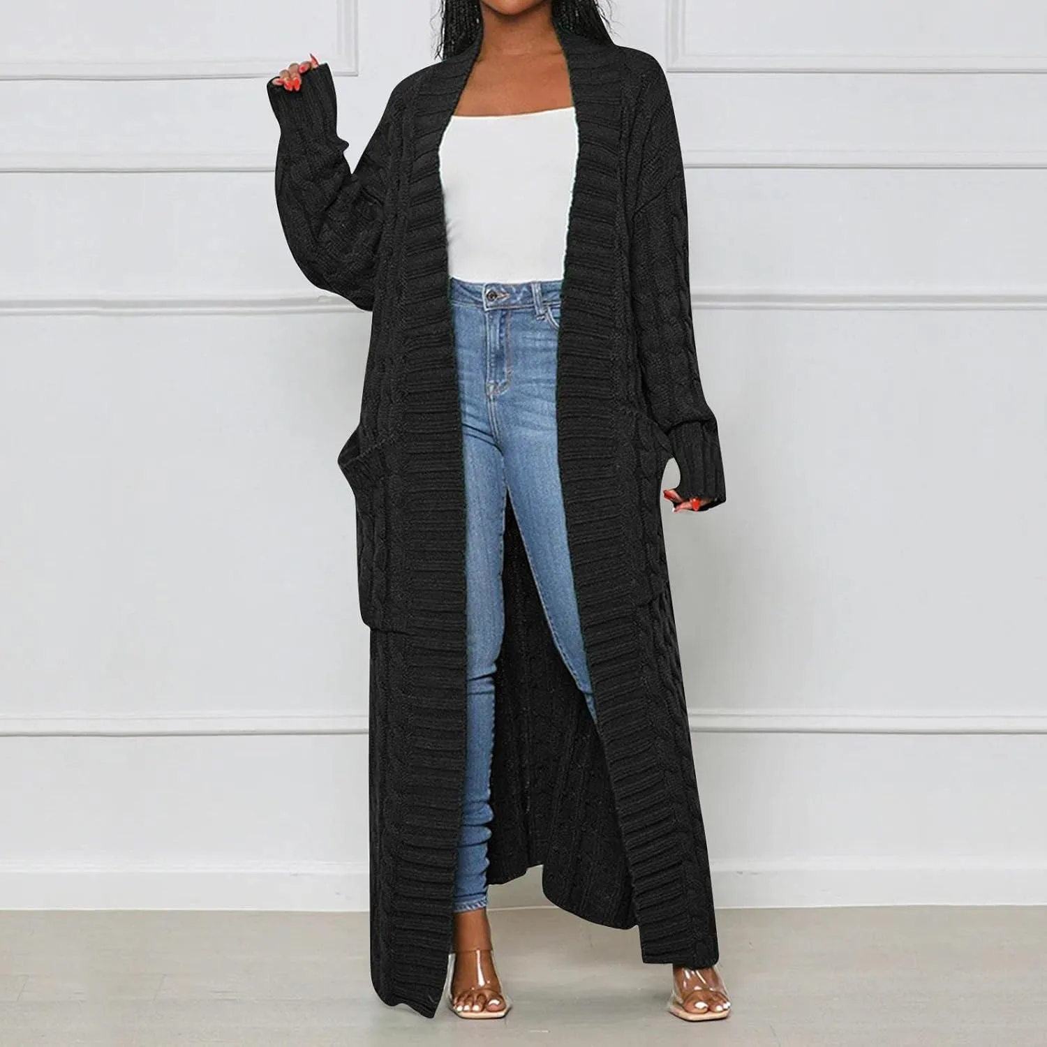 Long Cardigan for Women Long Sleeve Cable Knit Loose Plain Fall Winter Trench Coat with Pocket Autumn Open Front Casual