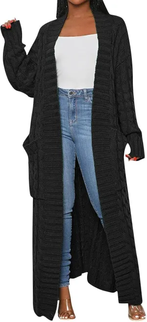 Long Cardigan for Women Long Sleeve Cable Knit Loose Plain Fall Winter Trench Coat with Pocket Autumn Open Front Casual