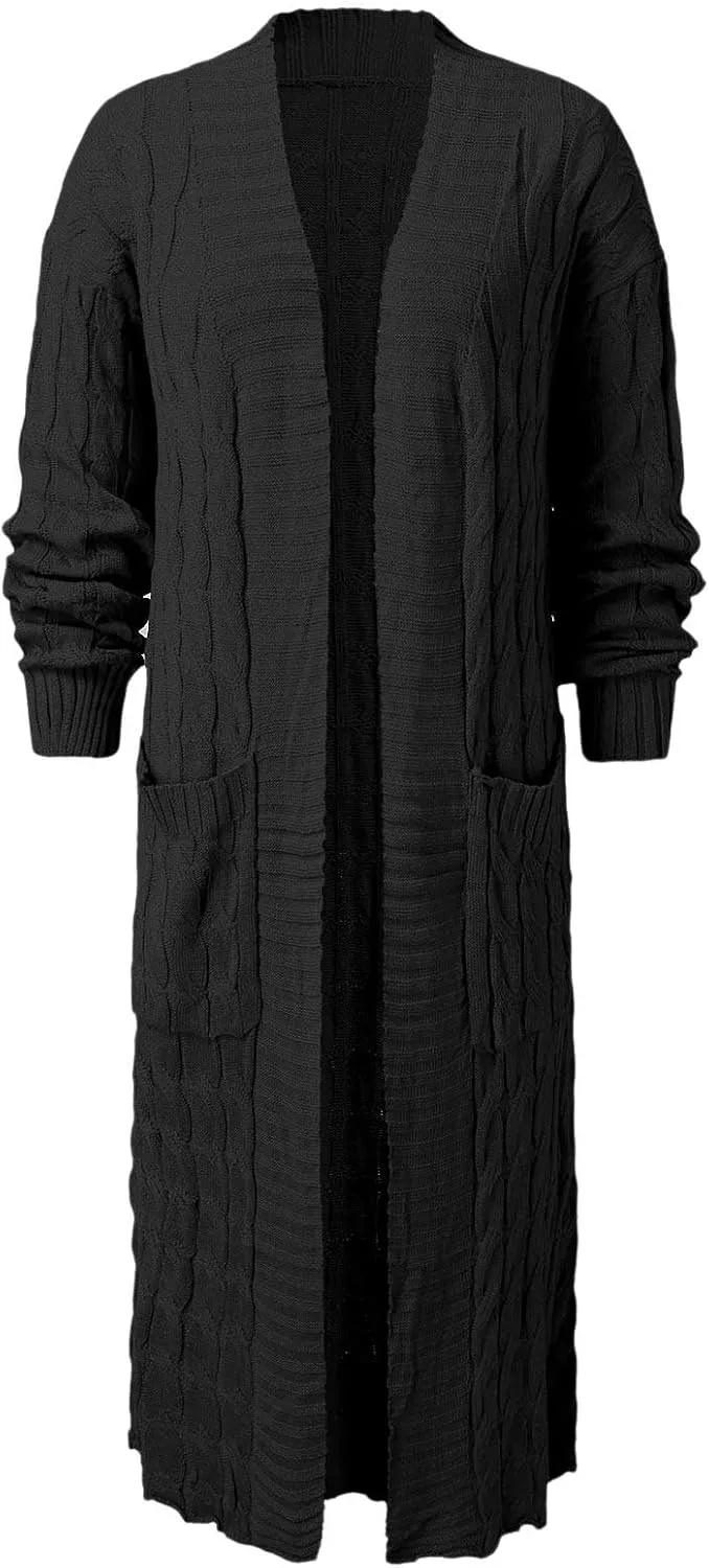 Long Cardigan for Women Long Sleeve Cable Knit Loose Plain Fall Winter Trench Coat with Pocket Autumn Open Front Casual