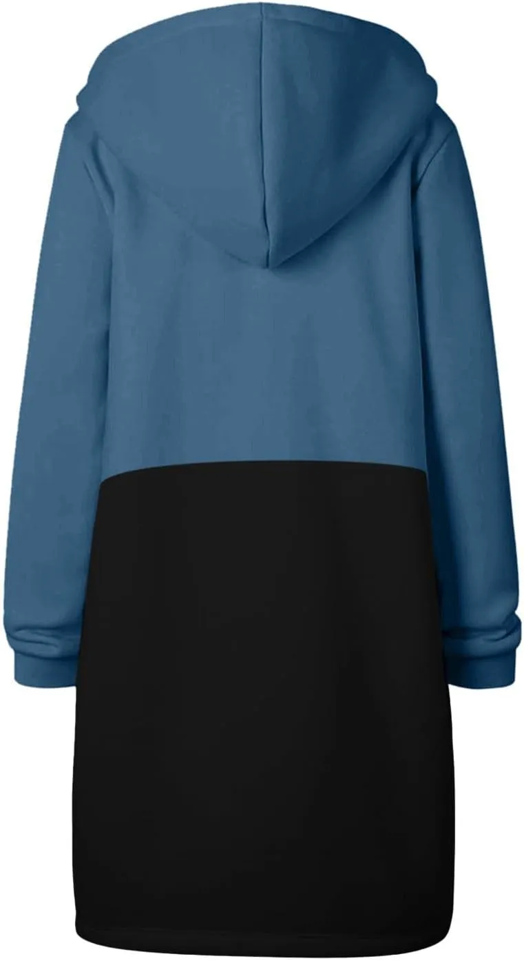 Long Jacket for Women Long Sleeve V Neck Full Zip Up Plain Trench Hooded Coat with Pocket Casual Duster Coat Winter Fleece