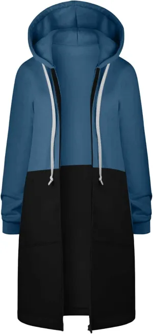 Long Jacket for Women Long Sleeve V Neck Full Zip Up Plain Trench Hooded Coat with Pocket Casual Duster Coat Winter Fleece