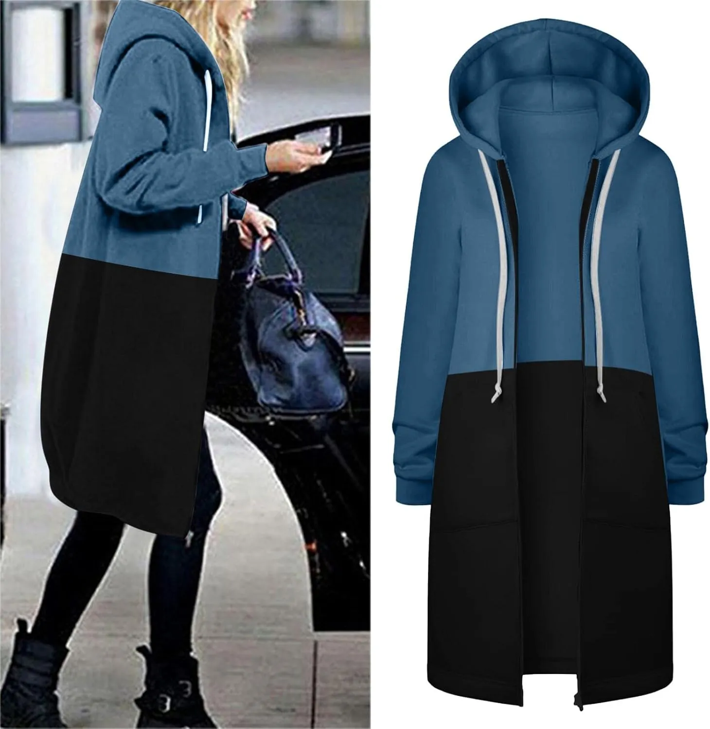 Long Jacket for Women Long Sleeve V Neck Full Zip Up Plain Trench Hooded Coat with Pocket Casual Duster Coat Winter Fleece