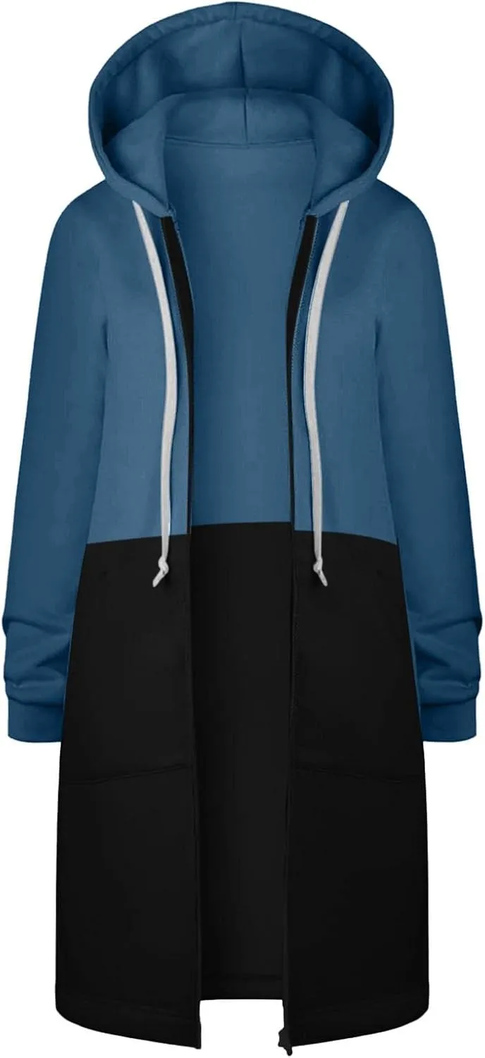 Long Jacket for Women Long Sleeve V Neck Full Zip Up Plain Trench Hooded Coat with Pocket Casual Duster Coat Winter Fleece
