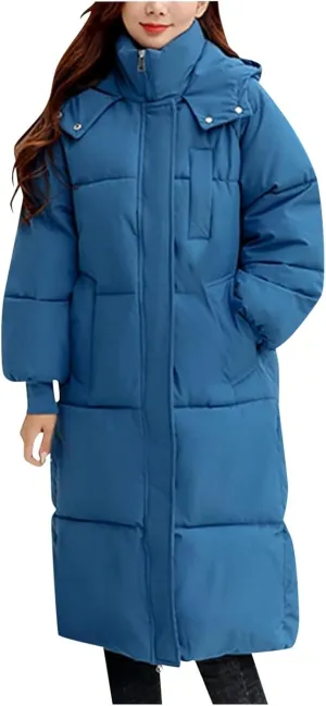 Long Puffer Coat for Women with Detachable Hood Winter Warm down Jacket Water-Resistant Thick Padded Quilted Trendy Outwear
