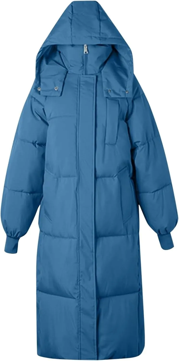 Long Puffer Coat for Women with Detachable Hood Winter Warm down Jacket Water-Resistant Thick Padded Quilted Trendy Outwear