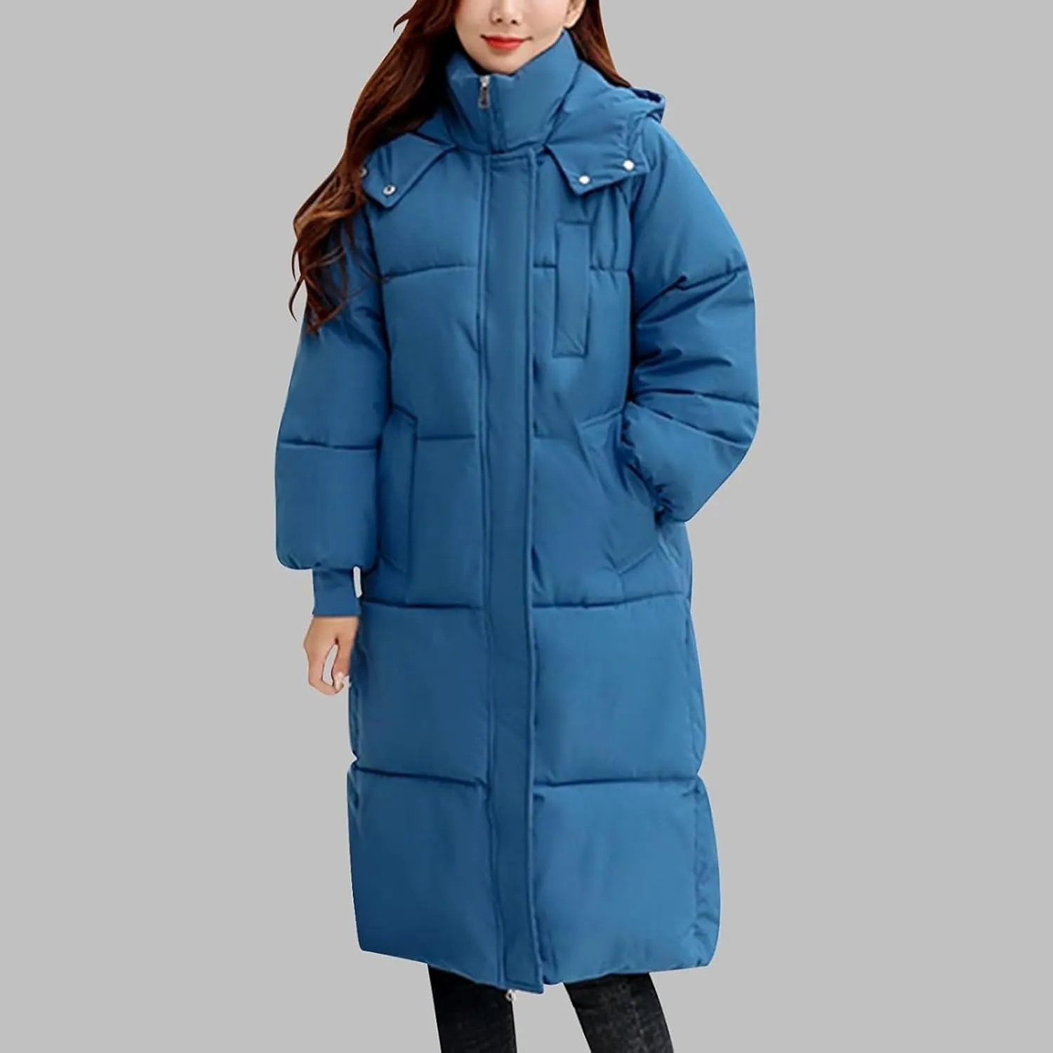 Long Puffer Coat for Women with Detachable Hood Winter Warm down Jacket Water-Resistant Thick Padded Quilted Trendy Outwear