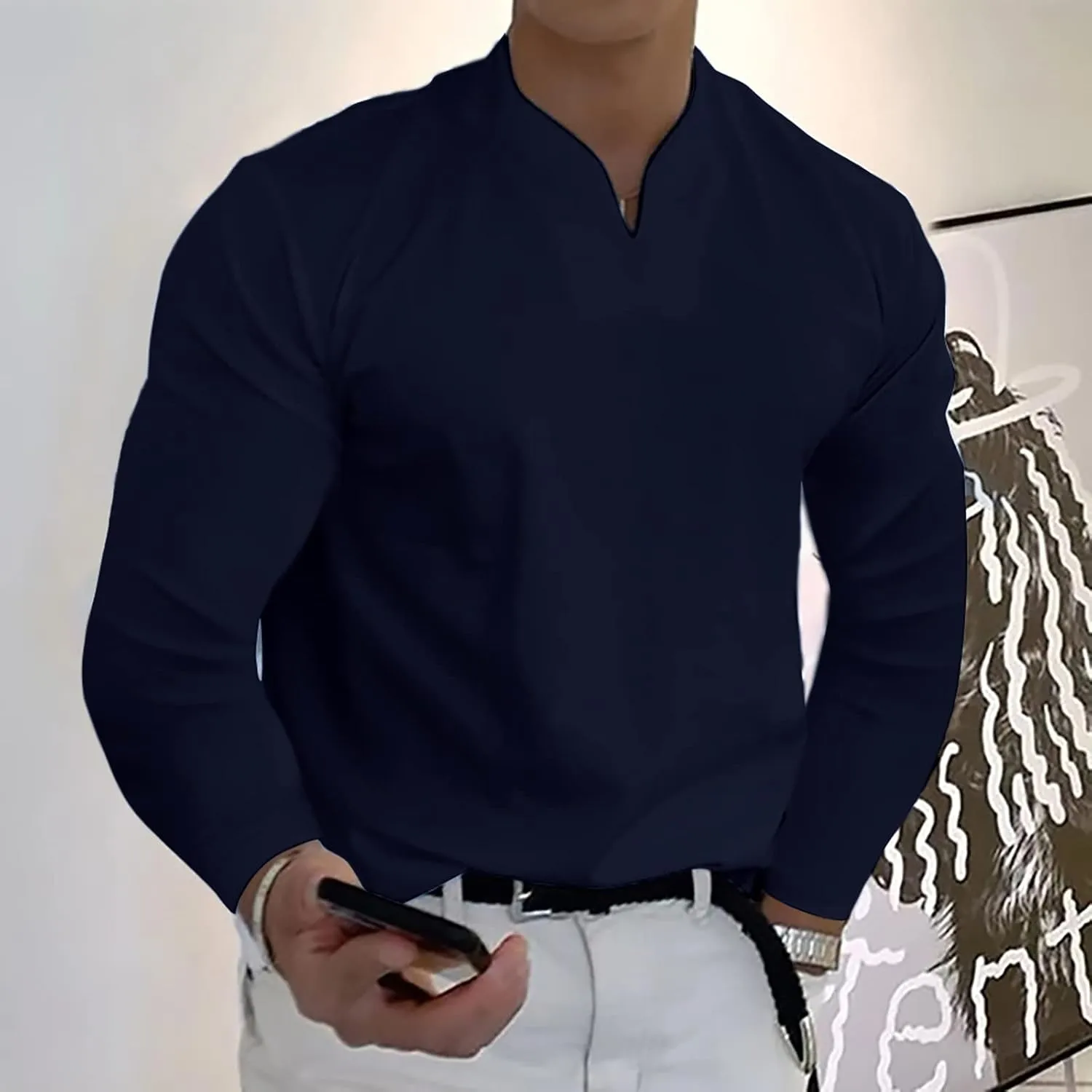 Long Sleeve Shirts for Men Plus Size V-Neck Shirts Oversized Solid Shirts Casual Stylish Loose Fit Fall Shirts
