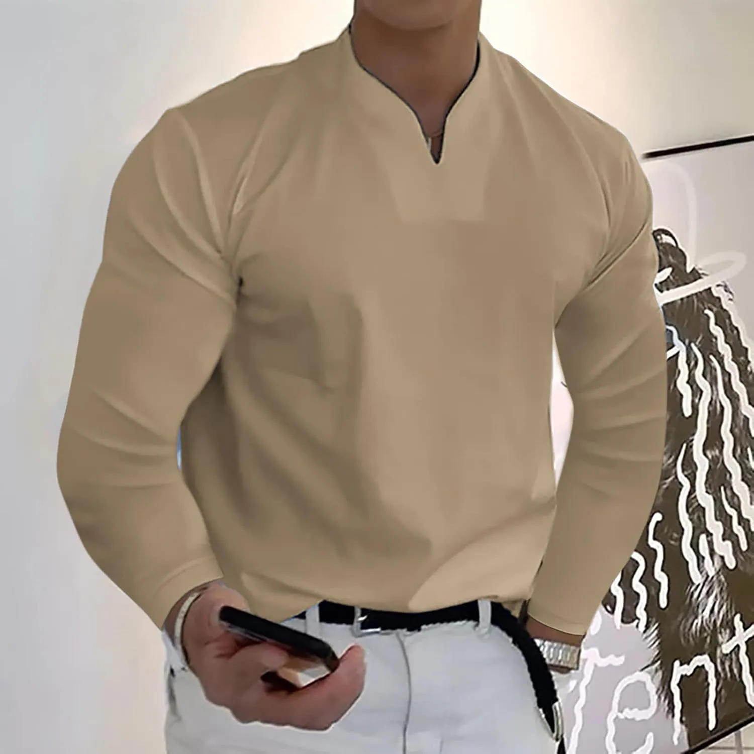 Long Sleeve Shirts for Men Plus Size V-Neck Shirts Oversized Solid Shirts Casual Stylish Loose Fit Fall Shirts