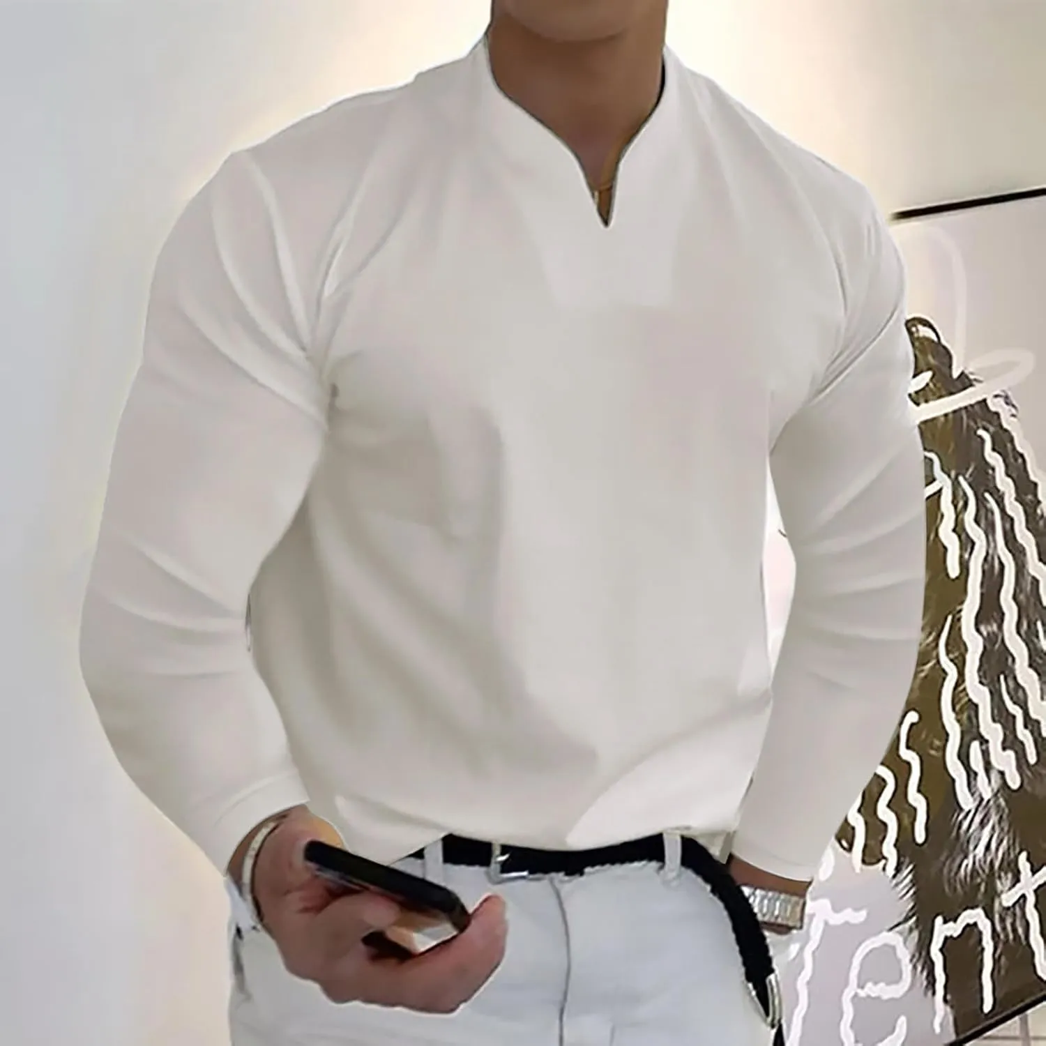 Long Sleeve Shirts for Men Plus Size V-Neck Shirts Oversized Solid Shirts Casual Stylish Loose Fit Fall Shirts