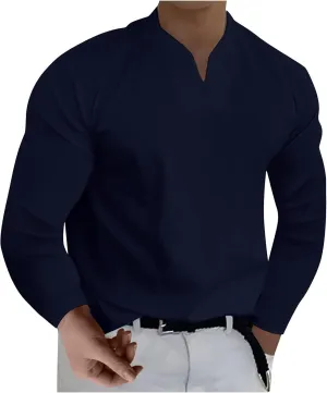 Long Sleeve Shirts for Men Plus Size V-Neck Shirts Oversized Solid Shirts Casual Stylish Loose Fit Fall Shirts