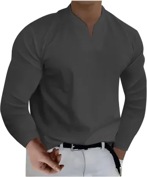 Long Sleeve Shirts for Men Plus Size V-Neck Shirts Oversized Solid Shirts Casual Stylish Loose Fit Fall Shirts