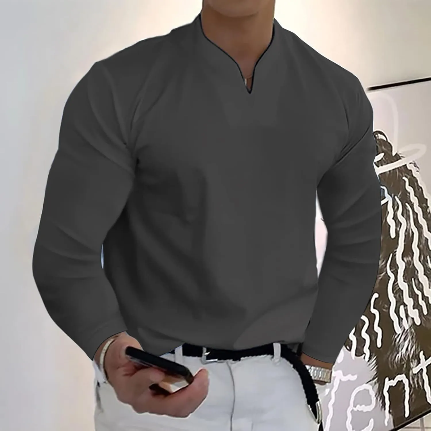 Long Sleeve Shirts for Men Plus Size V-Neck Shirts Oversized Solid Shirts Casual Stylish Loose Fit Fall Shirts