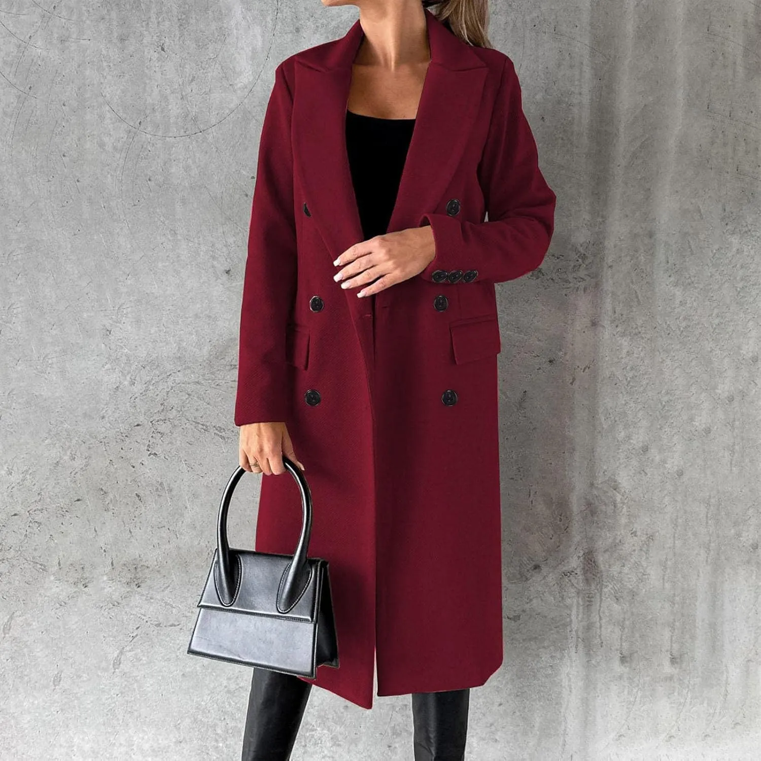 Long Trench Coat for Women Casual Double Breasted Midi Long Wool Pea Coat Notch Lapel Winter Trench Coat