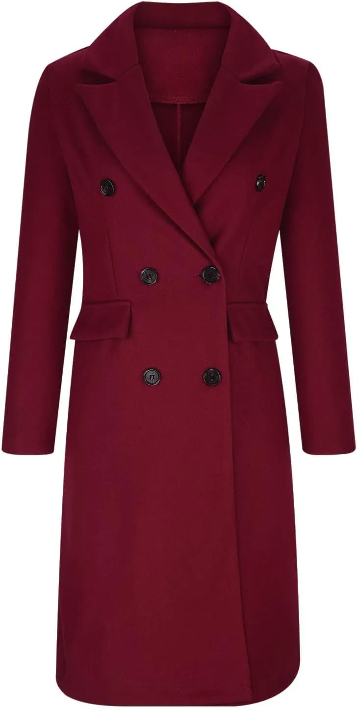 Long Trench Coat for Women Casual Double Breasted Midi Long Wool Pea Coat Notch Lapel Winter Trench Coat