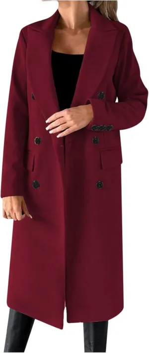 Long Trench Coat for Women Casual Double Breasted Midi Long Wool Pea Coat Notch Lapel Winter Trench Coat
