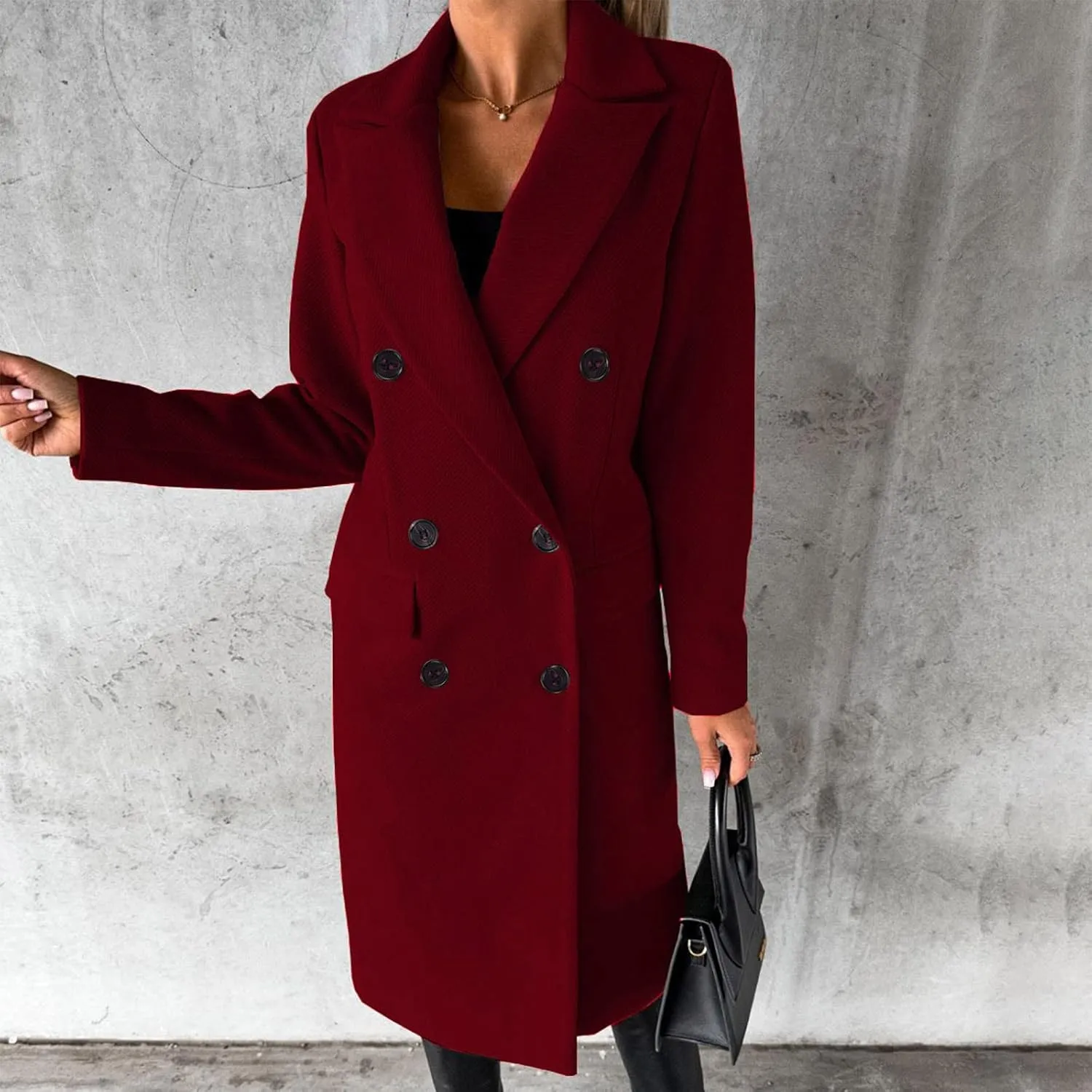 Long Trench Coat for Women Casual Double Breasted Midi Long Wool Pea Coat Notch Lapel Winter Trench Coat