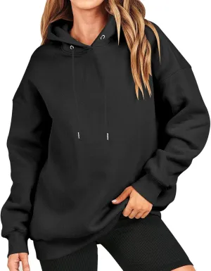 Loose Hoodies for Women Oversized Solid Drawstring Hood Long Sleeve Knit Hem Sweatshirts Autumn Casual Athletic Tops