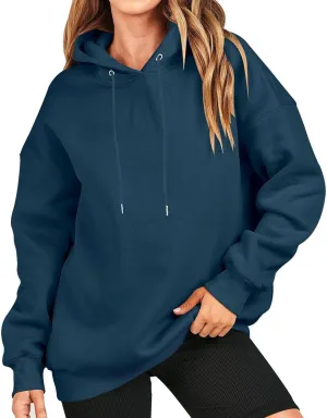 Loose Hoodies for Women Oversized Solid Drawstring Hood Long Sleeve Knit Hem Sweatshirts Autumn Casual Athletic Tops