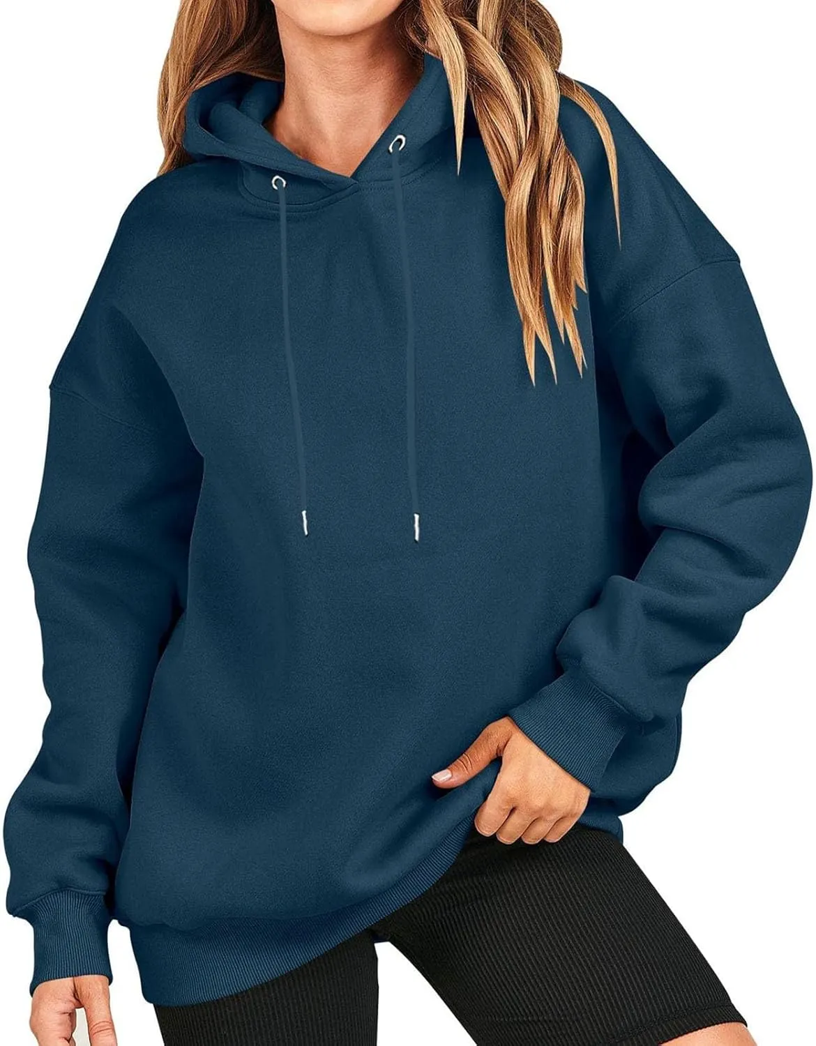Loose Hoodies for Women Oversized Solid Drawstring Hood Long Sleeve Knit Hem Sweatshirts Autumn Casual Athletic Tops