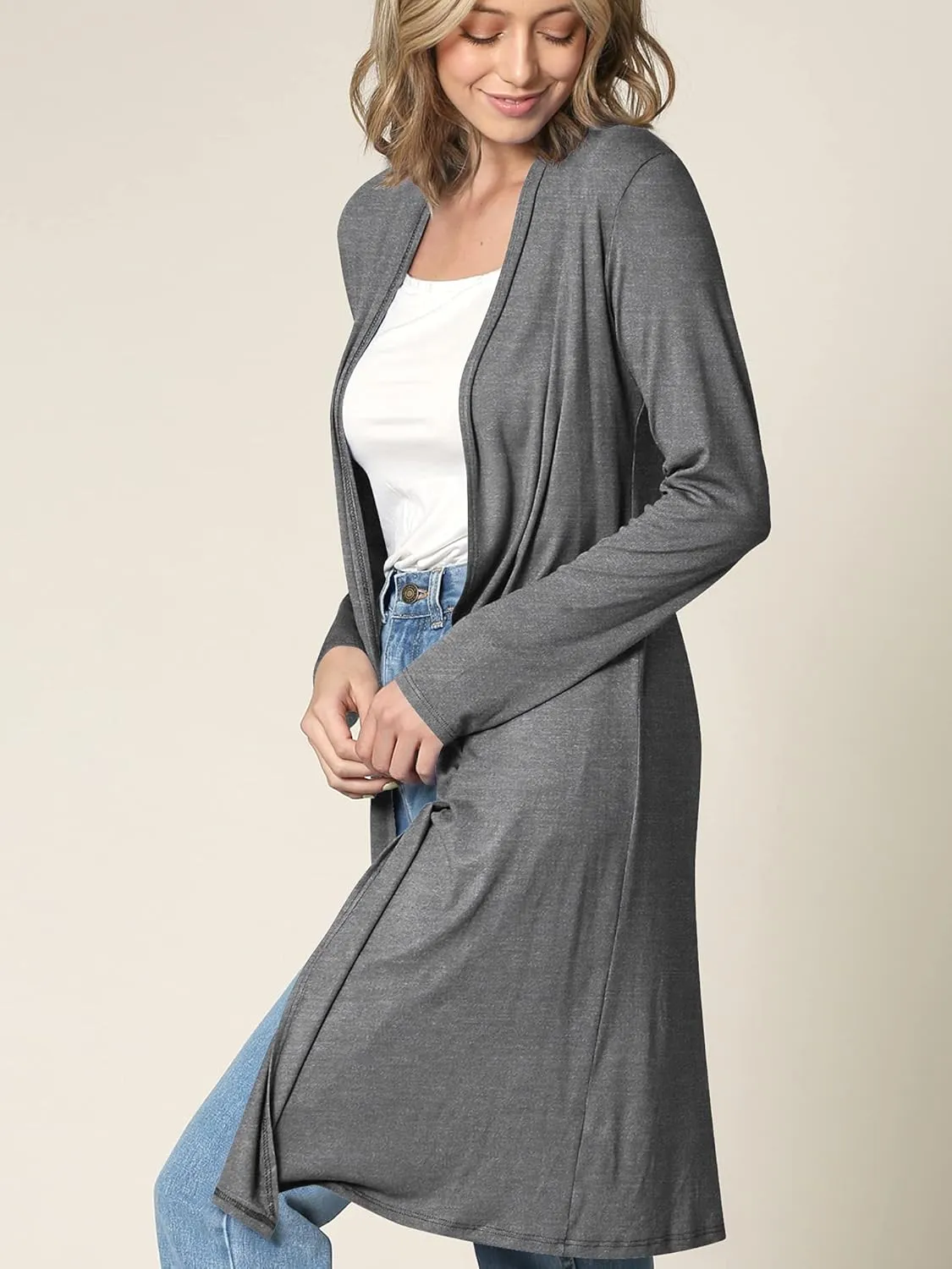 Made By Johnny Women's Solid Long Sleeve Open Front Drape Long Cardigan Duster - Comfortable & Stylish Outerwear
