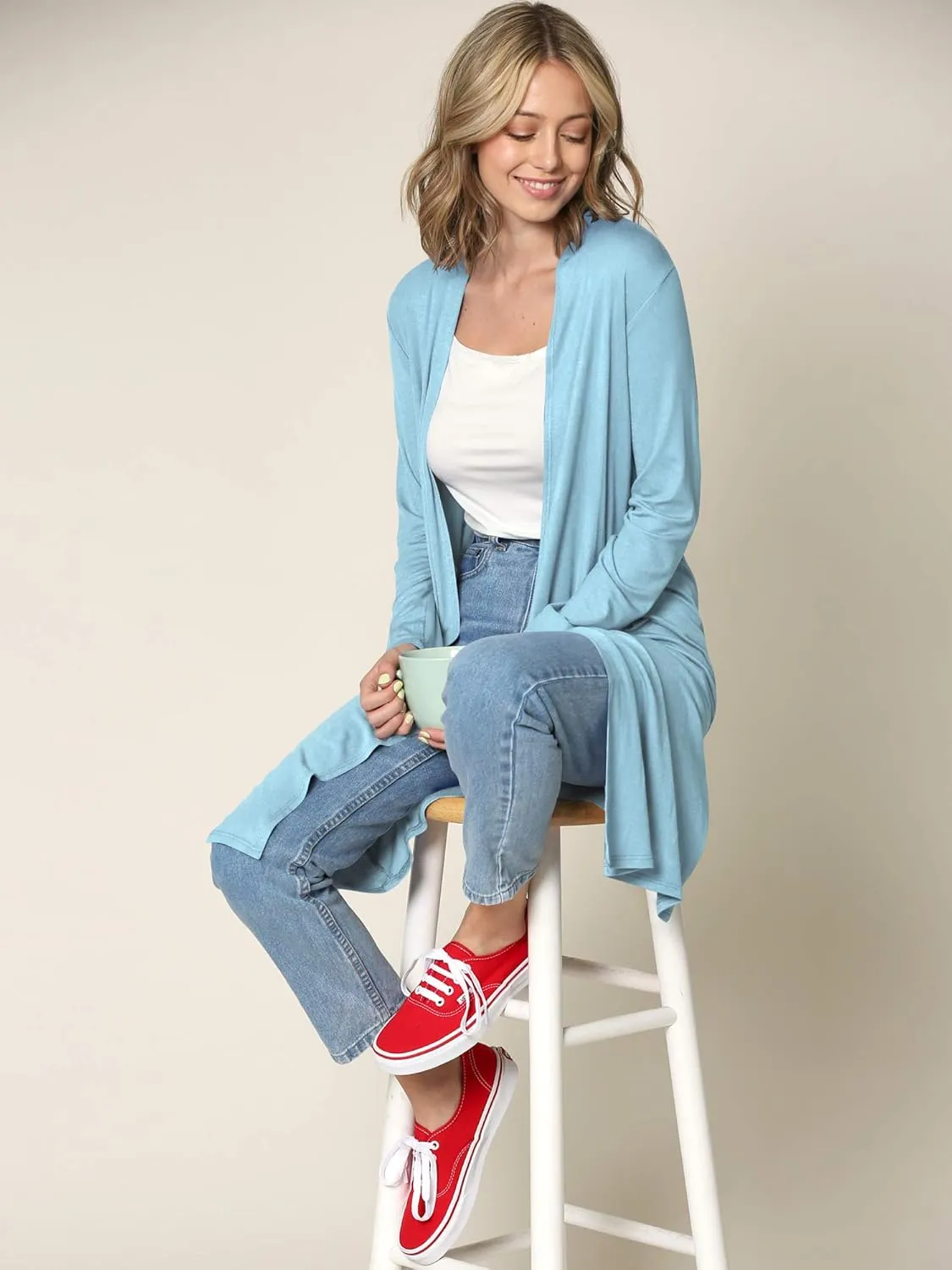 Made By Johnny Women's Solid Long Sleeve Open Front Drape Long Cardigan Duster - Comfortable & Stylish Outerwear
